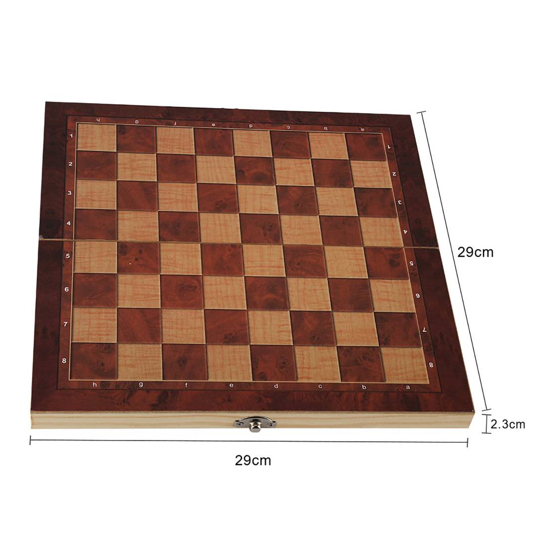 Geschlossenes Holz-Schachbrett-Etui mit 29 cm großem quadratischen Spielfeld und 2,3 cm Tiefe, gezeigt mit Größenangaben.