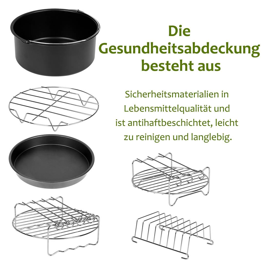 Deutsches Infografik-Material, das einen antihaftbeschichteten, lebensmittelsicheren Gesundheitsdeckel und passende Drahtgestell-Zubehörteile für einfache Reinigung und Langlebigkeit zeigt.