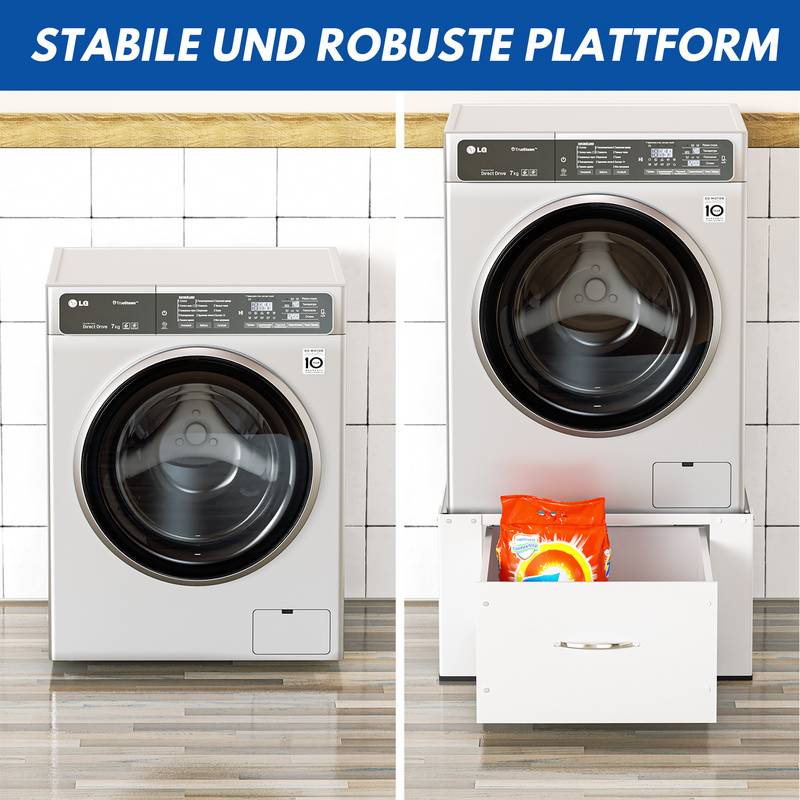 Waschmaschinen Untergestell mit Schublade, Waschmaschinen Untergestell aus Stahl bis 150kg Weiß