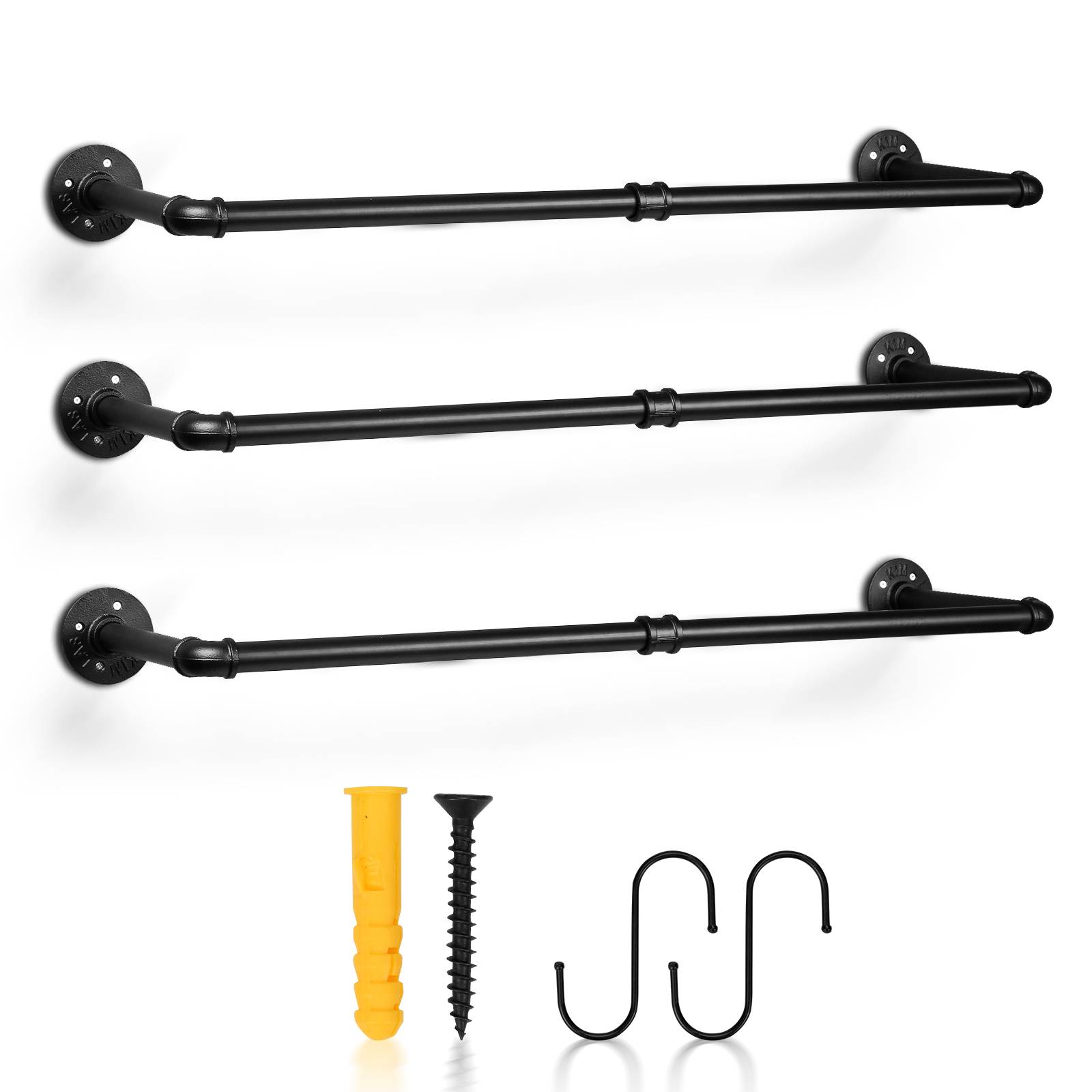 3er Set Kleiderstange für die Wand, Schwerlast Kleiderständer im Industrie-Design, 92x30cm Wandmontage Garderobenstange Garderobenständer mit 24 Ha