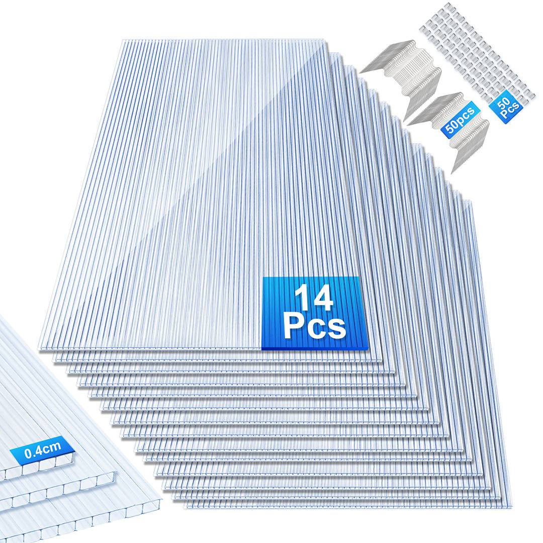 Stapel aus transparenten kunststoffgewellten Platten mit der Bezeichnung „14 Pcs
