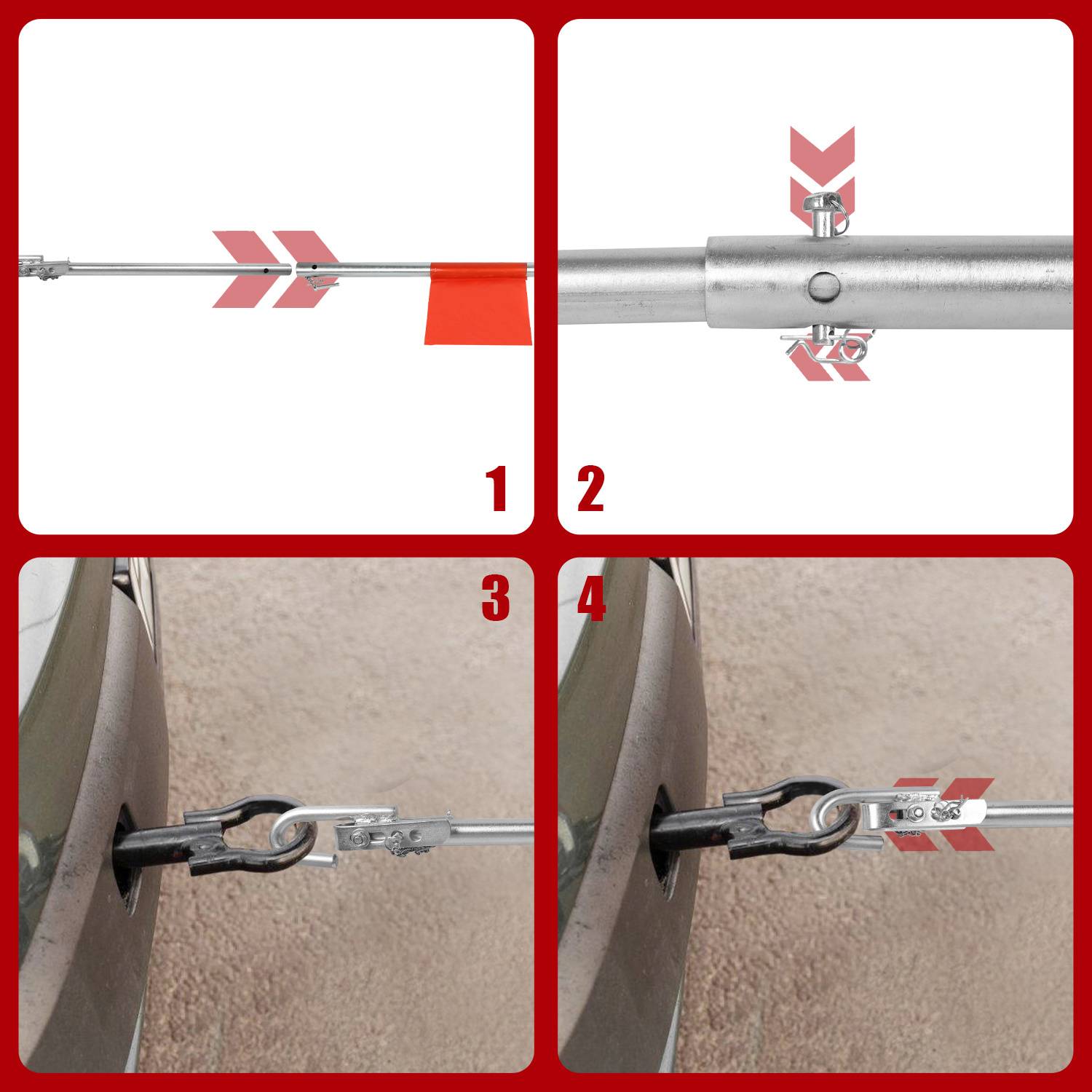 Vier-Schritte-Diagramm, das zeigt, wie man eine reflektierende Abspannleine mit einem Karabiner und einem Riemen an einer Fahrzeugkupplung oder einem Abschleppunkt befestigt, mit roten Pfeilen, die die Positionierung anzeigen.