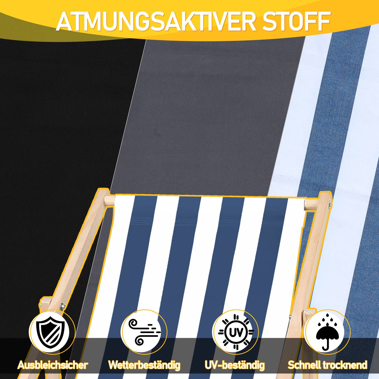 Liegestuhl 2X Strandliege klappbar Schwarz Holz klappliege Liege Klapp Sonnenliege Blau weiß