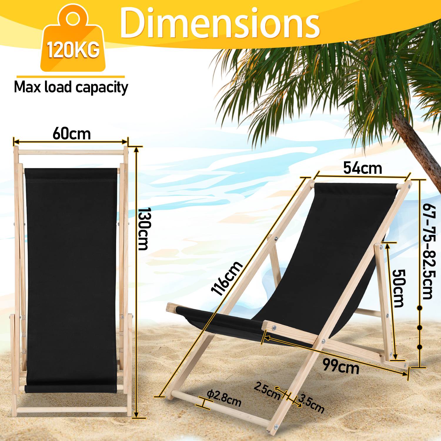 Liegestuhl 2X Strandliege klappbar Schwarz Holz klappliege Liege Klapp Sonnenliege schwarz