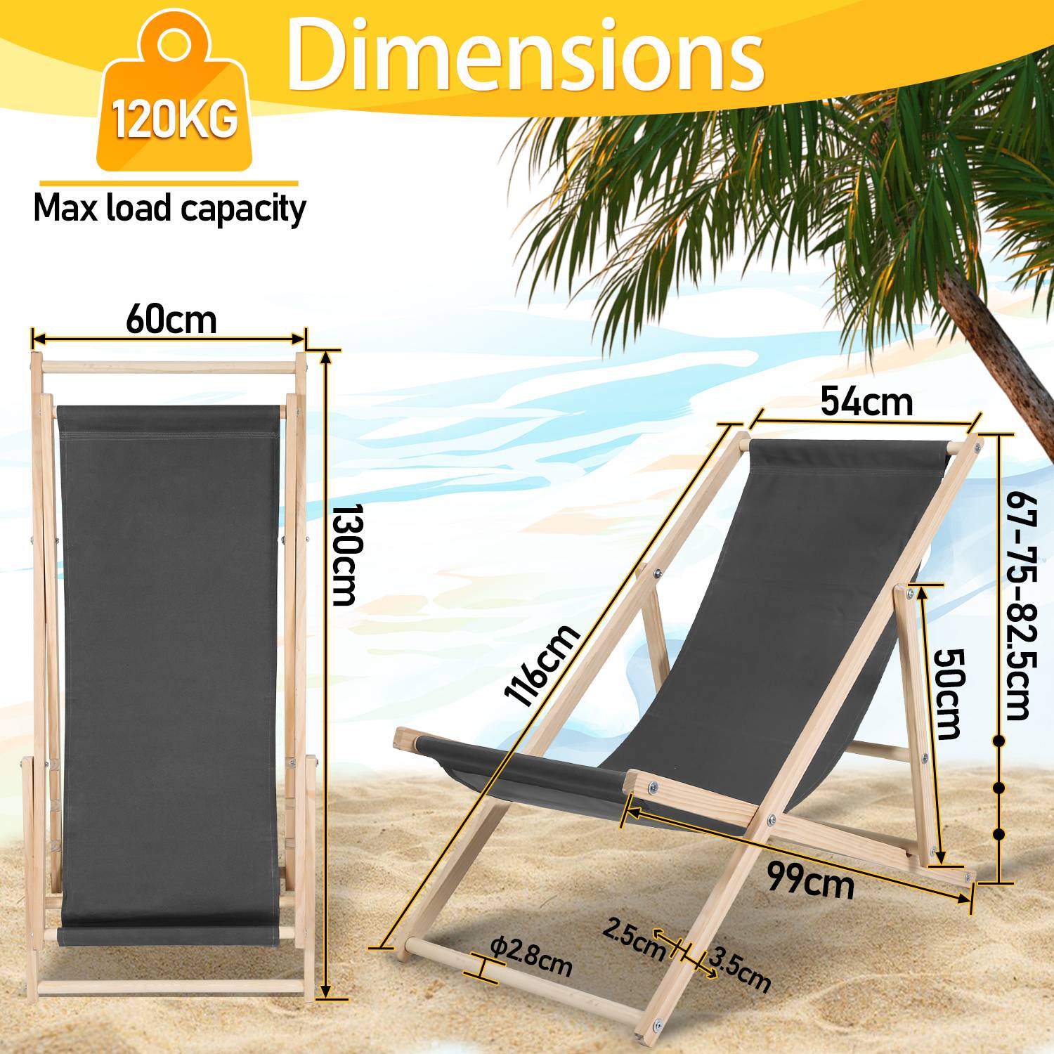 2X Liegestuhl Gartenstuhl Klappstuhl Kieferholz Holz Klappbar Relax Stoff Deck Grau