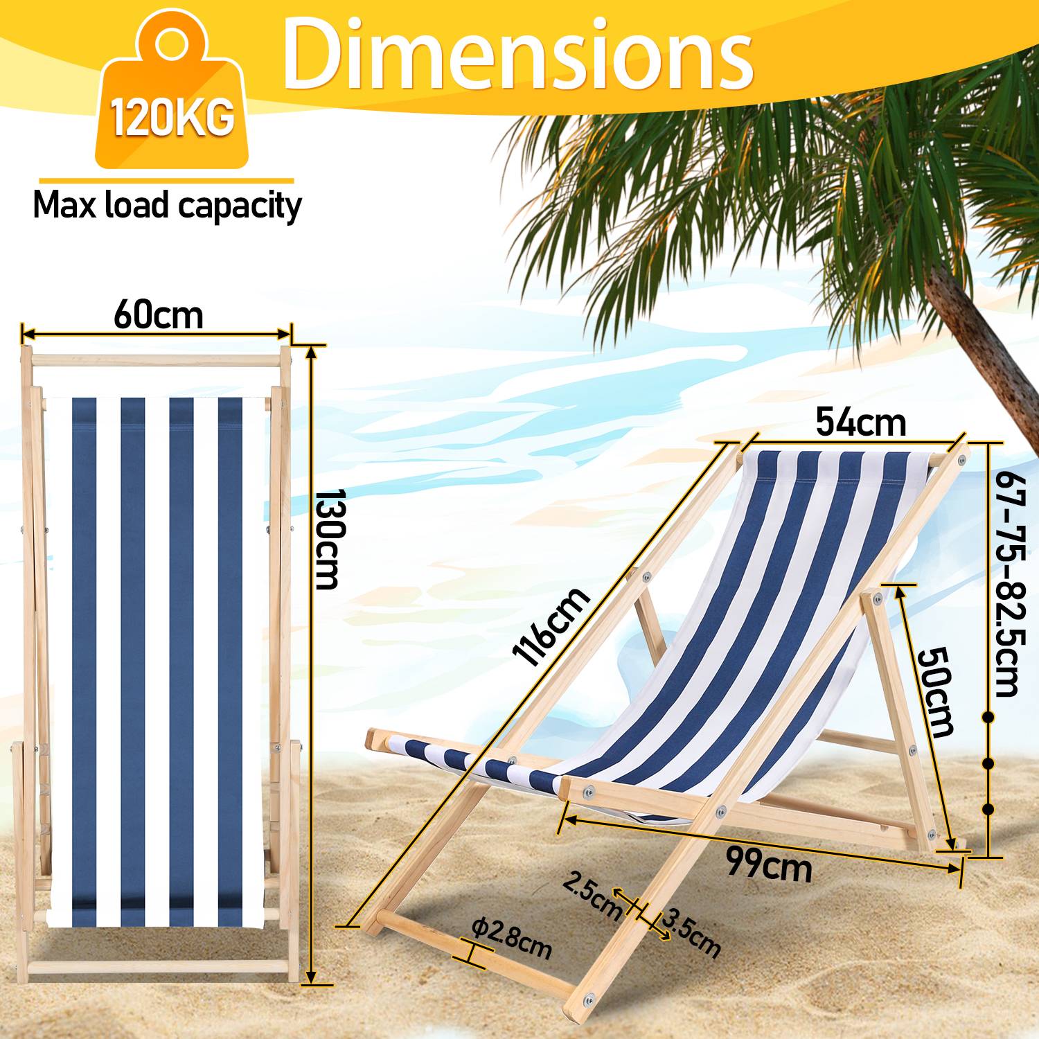 2X Liegestuhl Gartenstuhl Klappstuhl Kieferholz Holz Klappbar Relax Stoff Deck Blau weiß