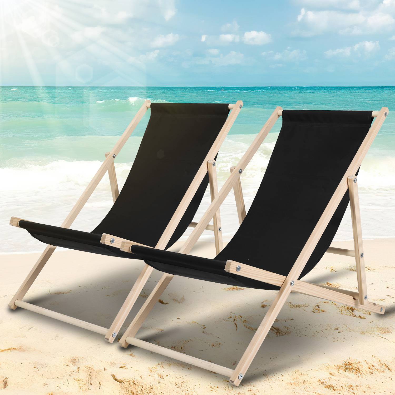 Liegestuhl 2X Strandliegestuhl Holz Klappbar Stuhl Holzliege klappliege Stoff schwarz