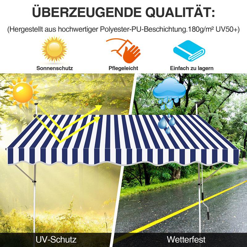 Markise ohne Bohren Klemmmarkise Balkonmarkise für Terrasse Balkon 200cm Weiß Blau