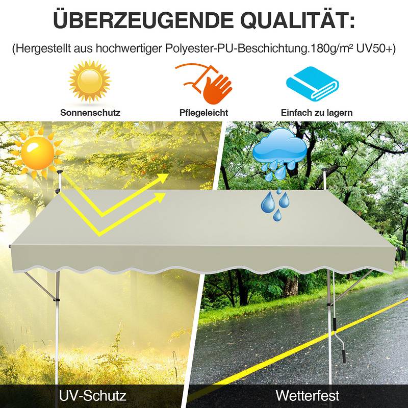 Markise Klemmmarkise Höhenverstellbare Balkonmarkise Sonnenschutz Markise ohne Bohren für Terrasse Balkon 250cm Beige