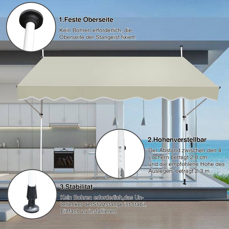 Klemmmarkise Markise ohne Bohren Höhenverstellbare Balkonmarkise Sonnenmarkise Balkon 400cm Beige