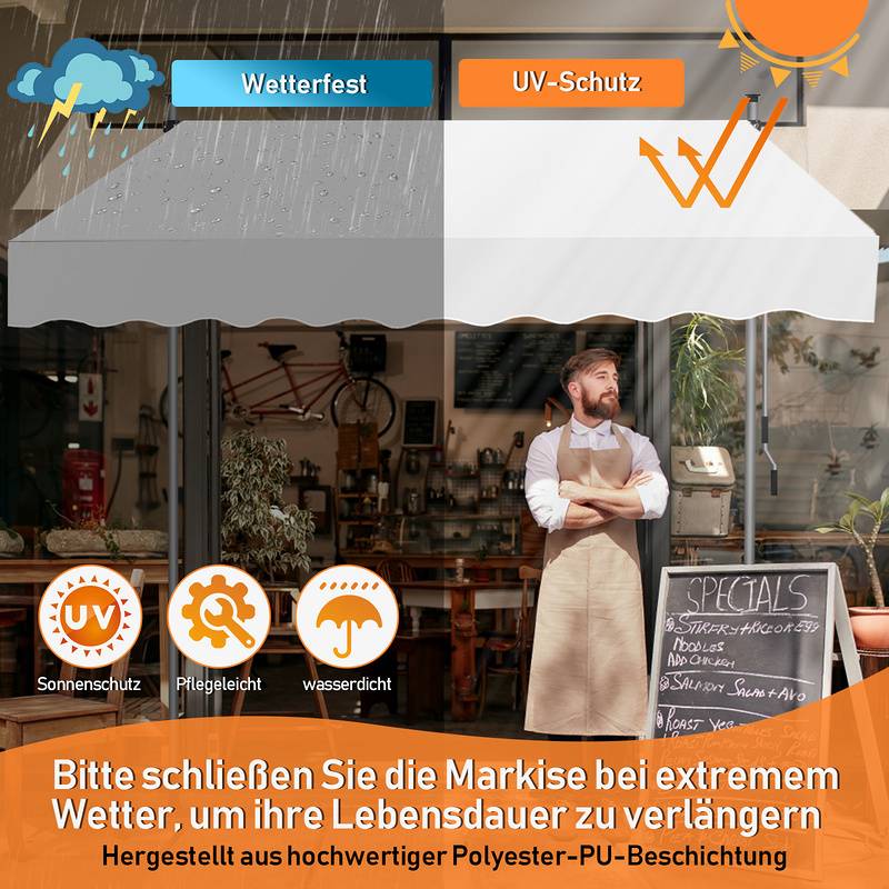 Markise Klemmmarkise Höhenverstellbare Balkonmarkise Sonnenschutz Markise ohne Bohren für Terrasse Balkon 300cm Creme