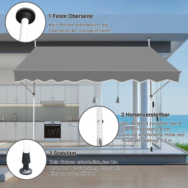 Markise Klemmmarkise Höhenverstellbare Balkonmarkise Sonnenschutz Markise ohne Bohren für Terrasse Balkon 200cm Grau