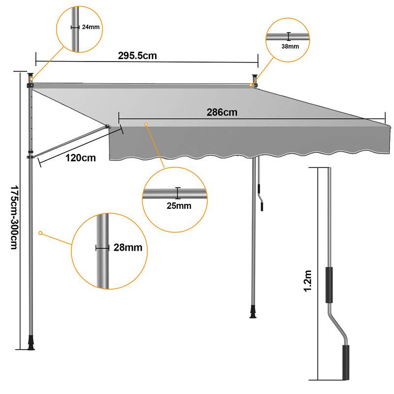 Markise Klemmmarkise Höhenverstellbare Balkonmarkise Sonnenschutz Markise ohne Bohren für Terrasse Balkon 300cm Gelb Blau