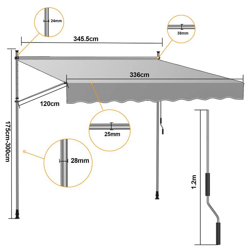 Klemmmarkise Markise ohne Bohren Höhenverstellbare Balkonmarkise Sonnenmarkise Balkon 350cm Grau