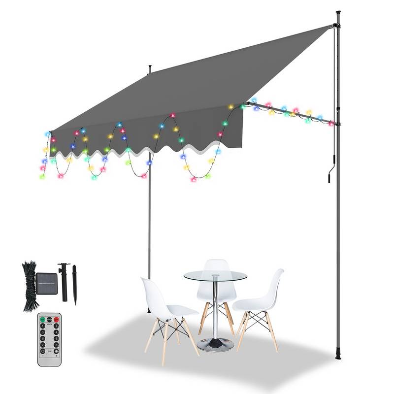 Markise mit LED ohne Bohren Klemmmarkise Balkonmarkise für Terrasse Balkon 200cm Grau