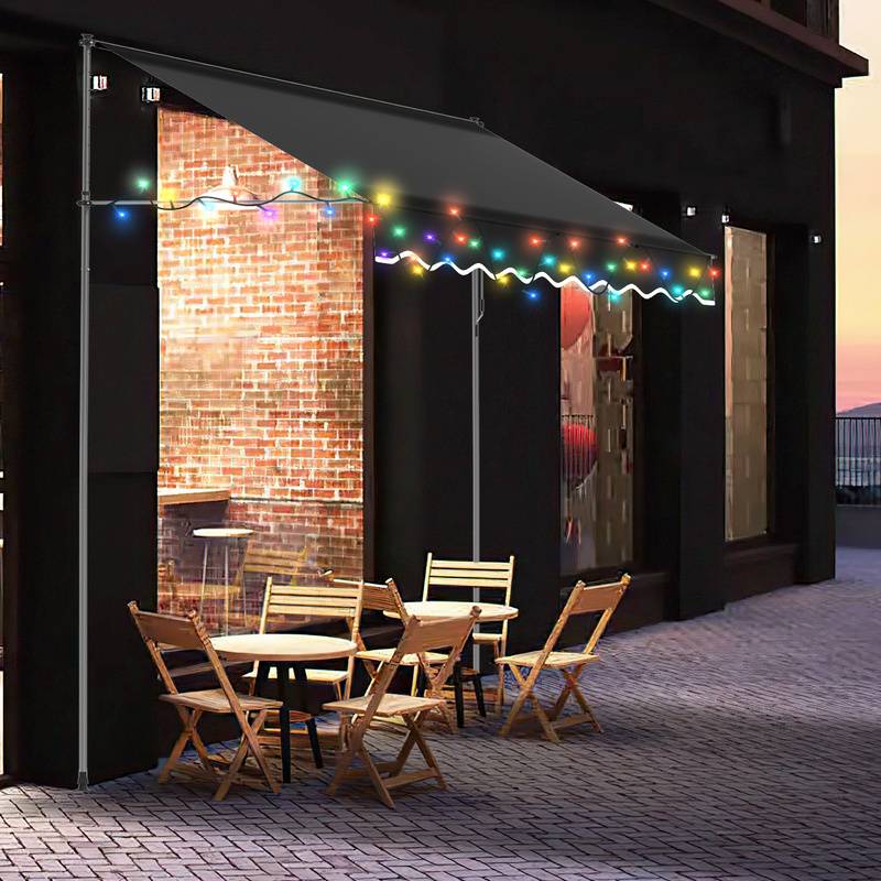 Markise Klemmmarkise mit LED Höhenverstellbare Balkonmarkise Sonnenschutz Markise ohne Bohren für Terrasse Balkon 200cm Grau