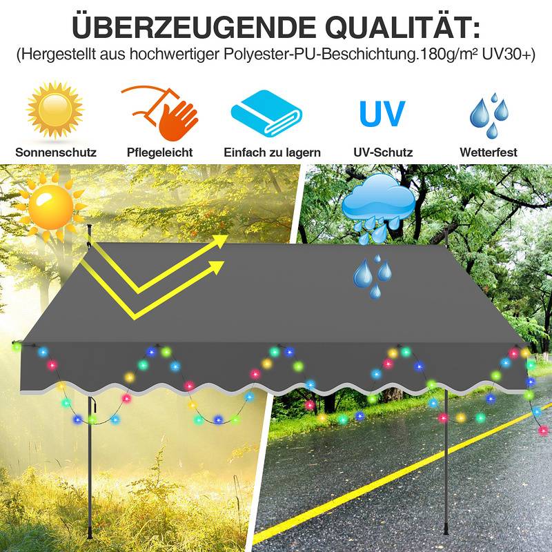 Klemmmarkise mit LED Markise ohne Bohren Höhenverstellbare Balkonmarkise Sonnenmarkise Balkon 400cm Grau