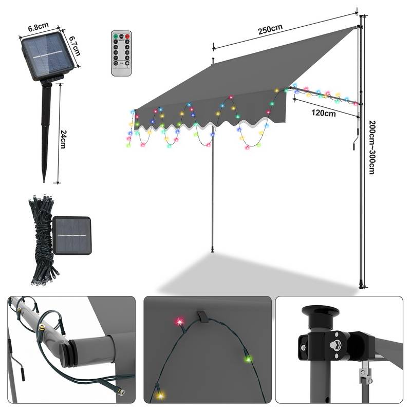 Markise mit LED ohne Bohren Klemmmarkise Balkonmarkise für Terrasse Balkon 250cm Grau