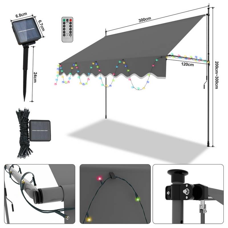 Klemmmarkise mit LED Markise ohne Bohren Höhenverstellbare Balkonmarkise Sonnenmarkise Balkon 300cm Grau