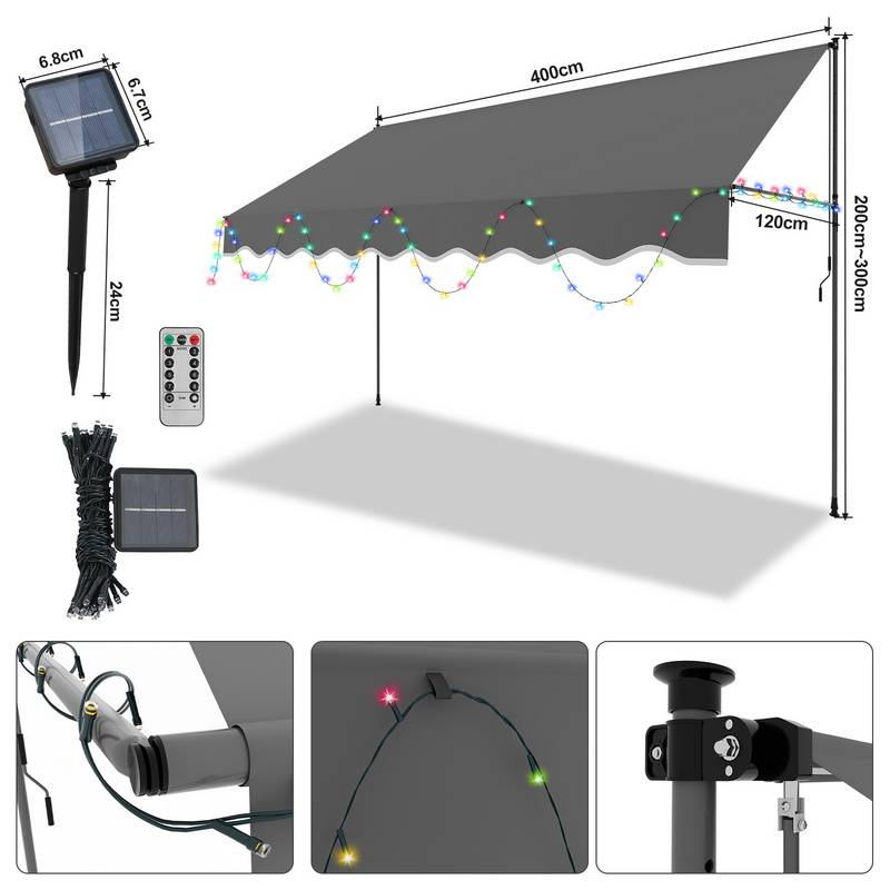Markise Klemmmarkise mit LED Höhenverstellbare Balkonmarkise Sonnenschutz Markise ohne Bohren für Terrasse Balkon 400cm Grau