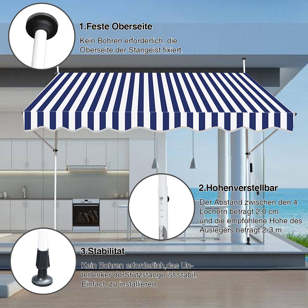 Markise Klemmmarkise Höhenverstellbare Balkonmarkise Sonnenschutz Markise ohne Bohren für Terrasse Balkon 250cm Weiß Blau