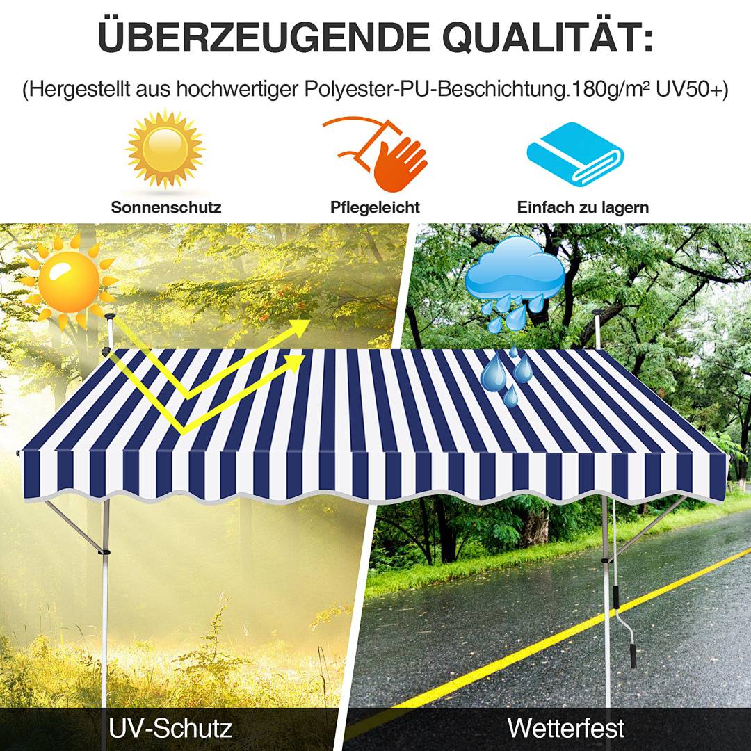 Markise Klemmmarkise Höhenverstellbare Balkonmarkise Sonnenschutz Markise ohne Bohren für Terrasse Balkon 250cm Weiß Blau
