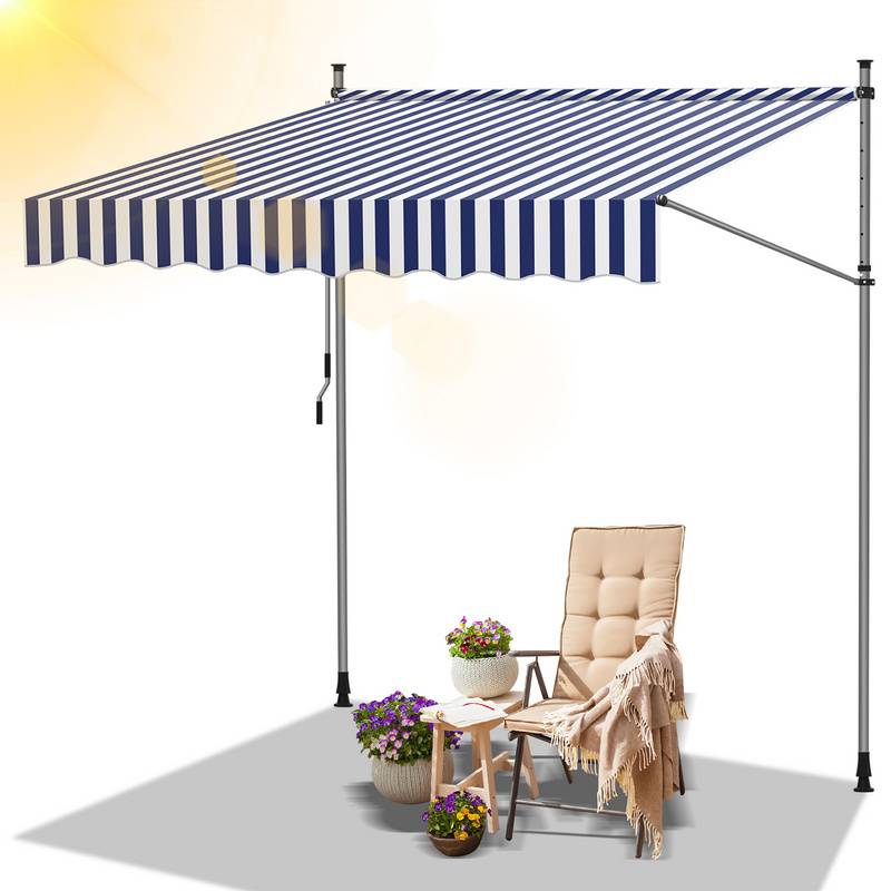 Markise Klemmmarkise Höhenverstellbare Balkonmarkise Sonnenschutz Markise ohne Bohren für Terrasse Balkon 200cm Weiß Blau