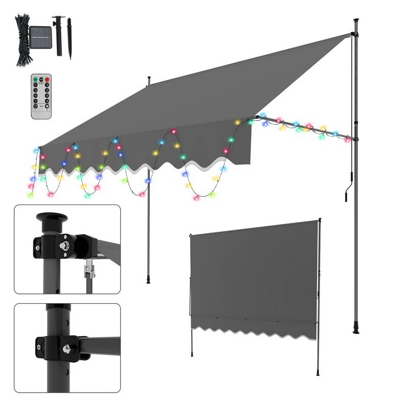 Markise Klemmmarkise mit LED Höhenverstellbare Balkonmarkise Sonnenschutz Markise ohne Bohren für Terrasse Balkon 300cm Grau