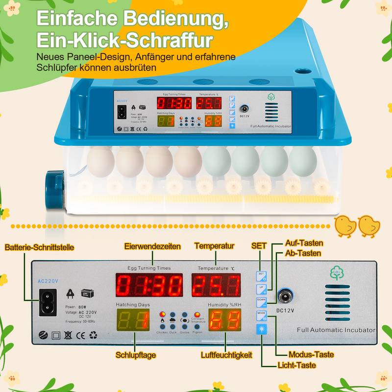 Brutmaschine Brutthermometer Hühnereier Brutapparat Inkubator fur 64 Hühnereier