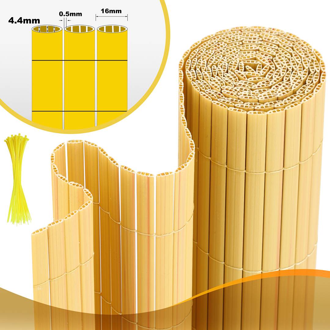Nahaufnahme-Produktbild von Bambusmatten-Rollen und Streifen mit einem Diagramm, das die Abmessungen 4,4 mm, 0,5 mm und 16 mm zeigt.