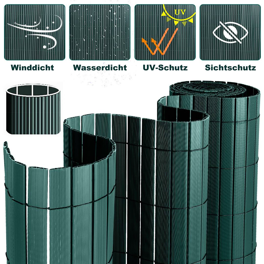 Grüne Sichtschutzrolle aus Lamellen mit Symbolen für Windfestigkeit, Wasserdichtheit, UV-Schutz und Blickdichtheit.