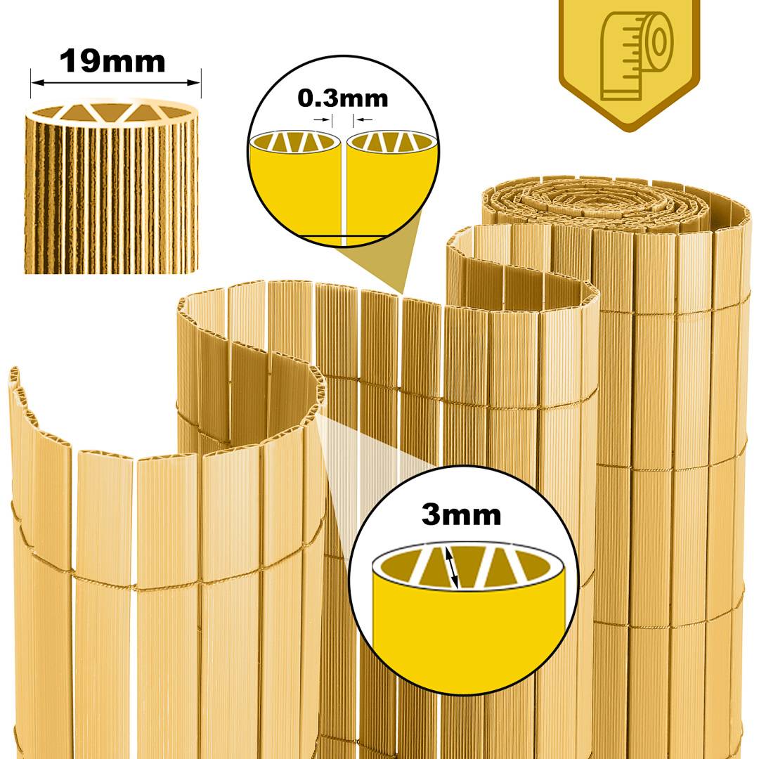 Illustration von gerolltem Bambusschutz mit Nahaufnahmen, die eine Lamellbreite von 19mm, Abstände von 0,3mm und eine Stärke von 3mm zeigen.