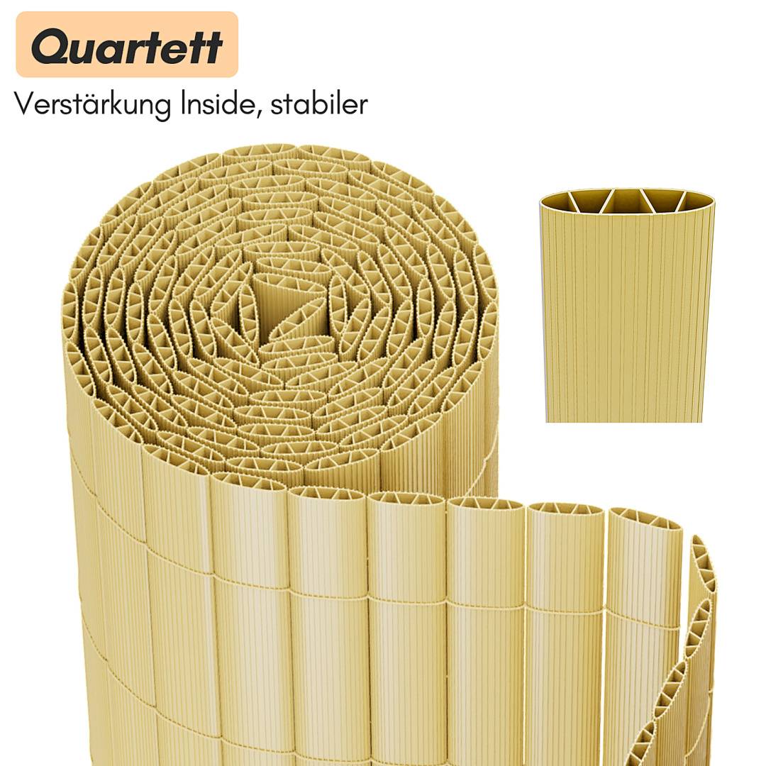 Diagramm der Wellpappenkonstruktion mit der Bezeichnung "Quartett"" und dem Text ""Verstärkung innen, stabiler"", das die geschichtete innere Verstärkung und einen rohrförmigen Querschnitt zeigt.