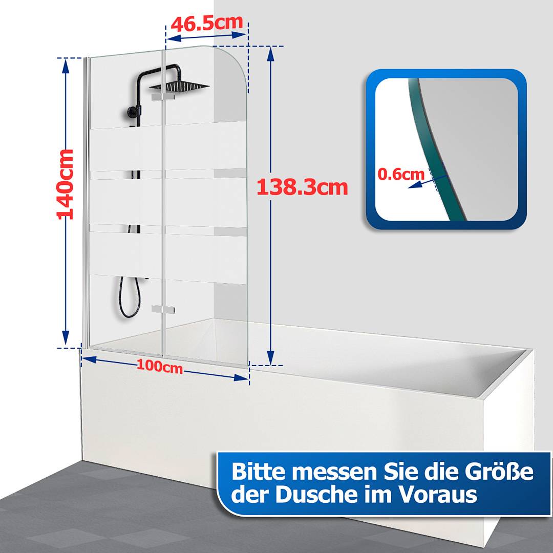 # Duschpanel-Abmessungen mit Installationsmessungen dargestellt: 140cm Höhe, 100cm Breite, 138,3cm Gesamthöhe, 46,5cm obere Breite und 0,6cm Dicke; Text besagt „Bitte messen Sie die Größe der Dusche im Voraus", um die Duschgröße zunächst zu messen.