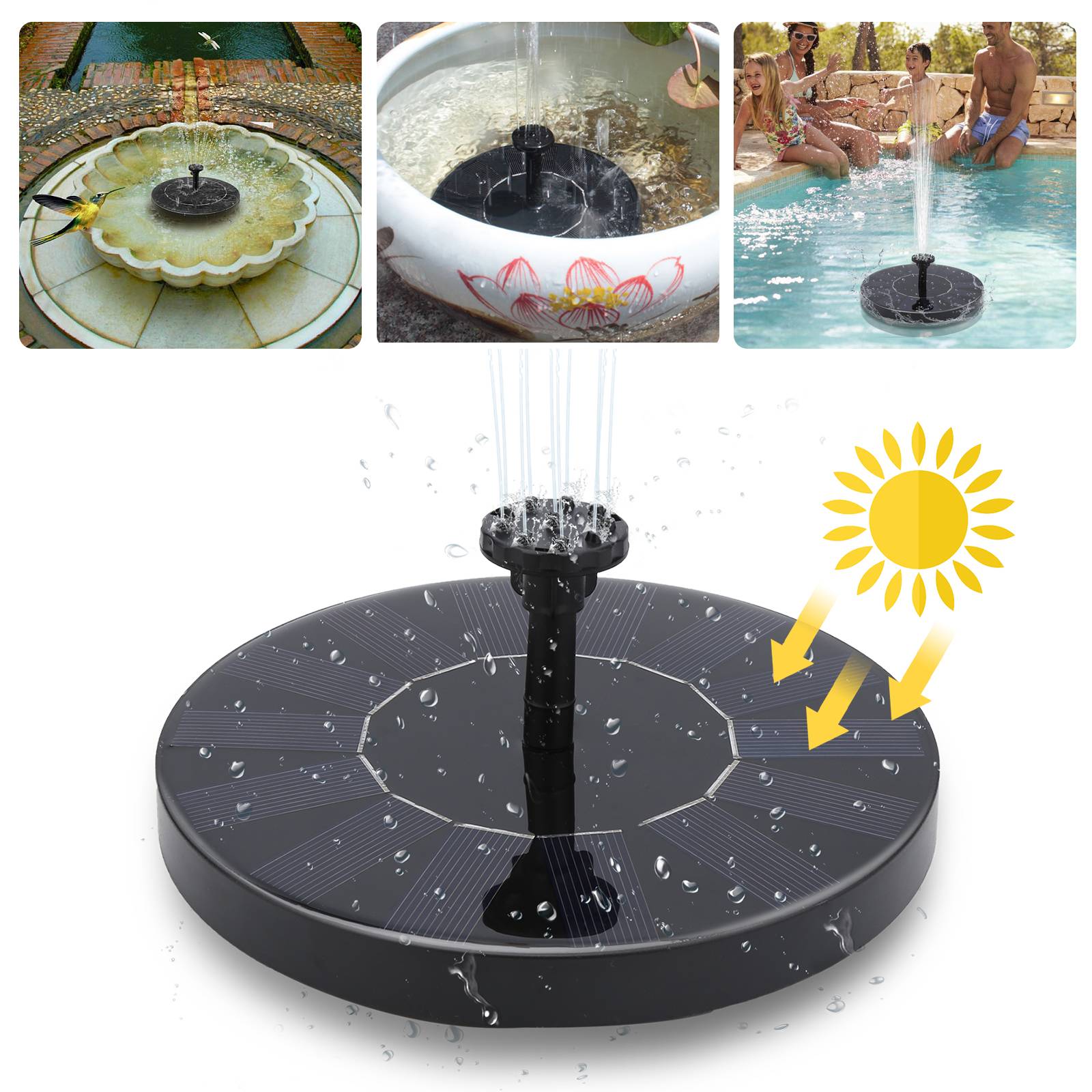 Solarpumpe 1.5W Brunnen Gartenbrunnen mit 6 Fontänenstilen 190L/h Solar Wasserpumpe Springbrunnenpumpe Solar Teichpumpe