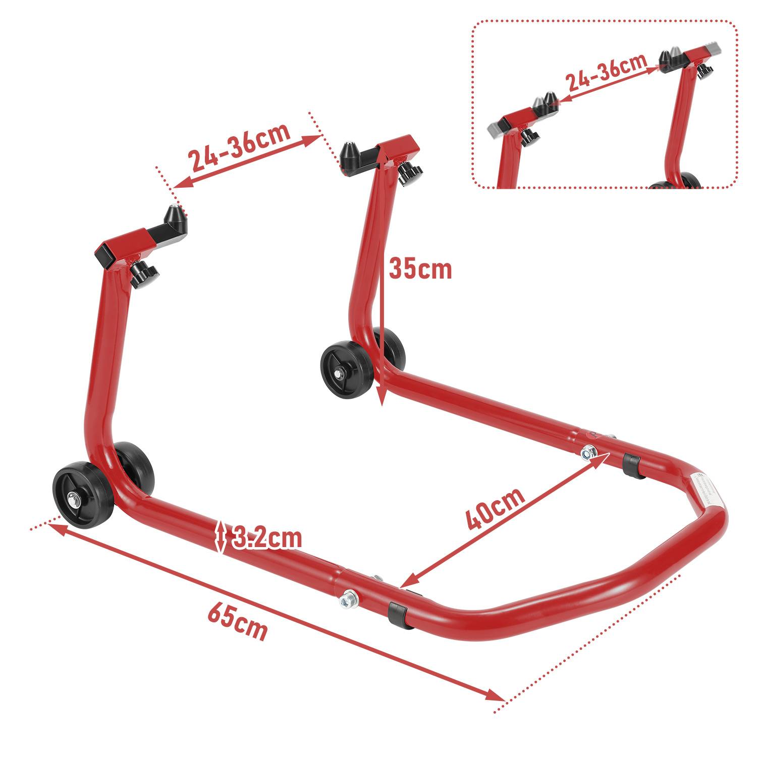 Rote Stahlfahrradreparaturständer mit Rädern, zeigt einstellbare obere Breite 24-36 cm, Höhe 35 cm, Basislänge 65 cm und Armlängen 40 cm und 3,2 cm.