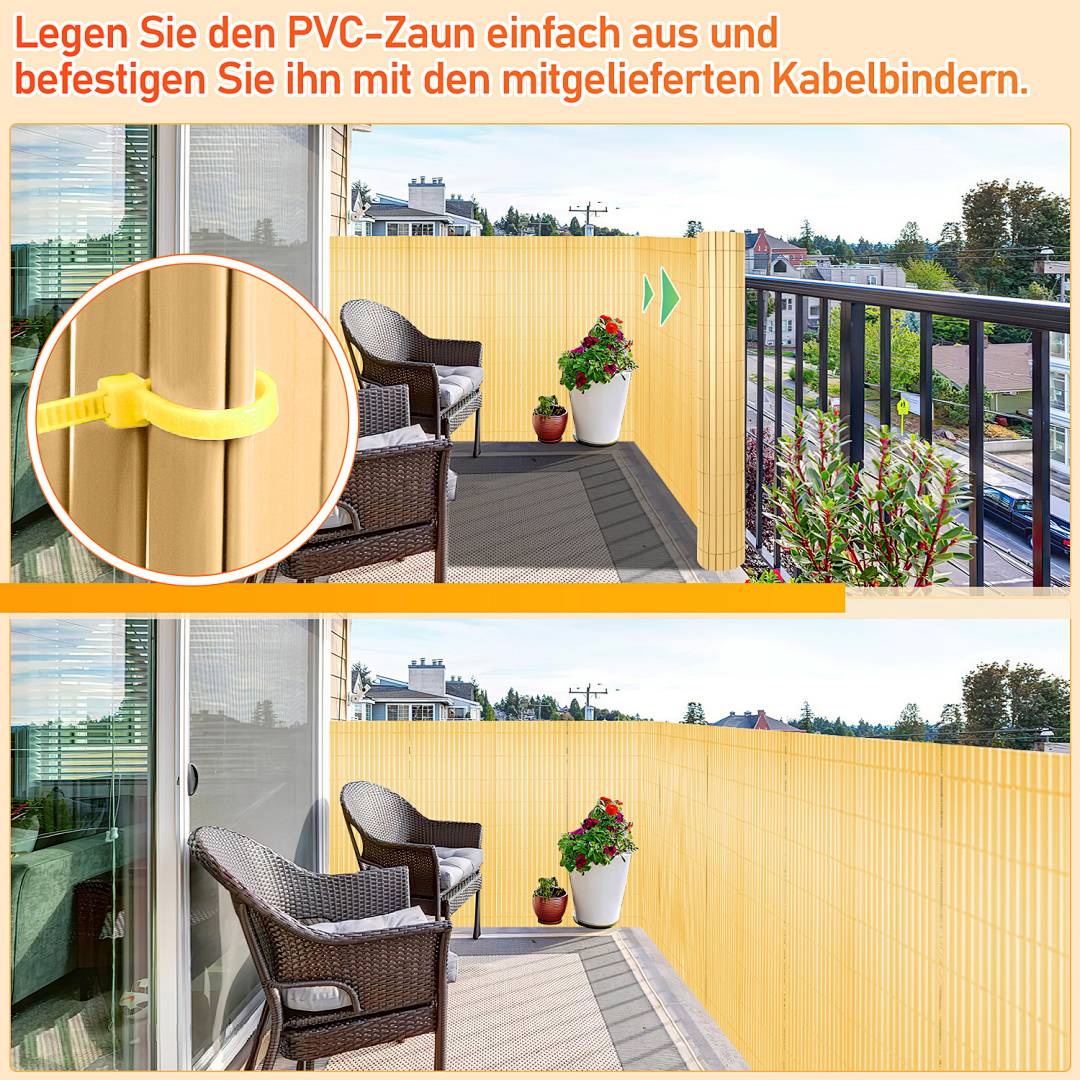 Abbildung zeigt einen gelben PVC-Balkonschutzzaun, der mit Kabelbindern befestigt ist, mit einer Nahaufnahme der Bindung und der fertigen Balkonkonfiguration.