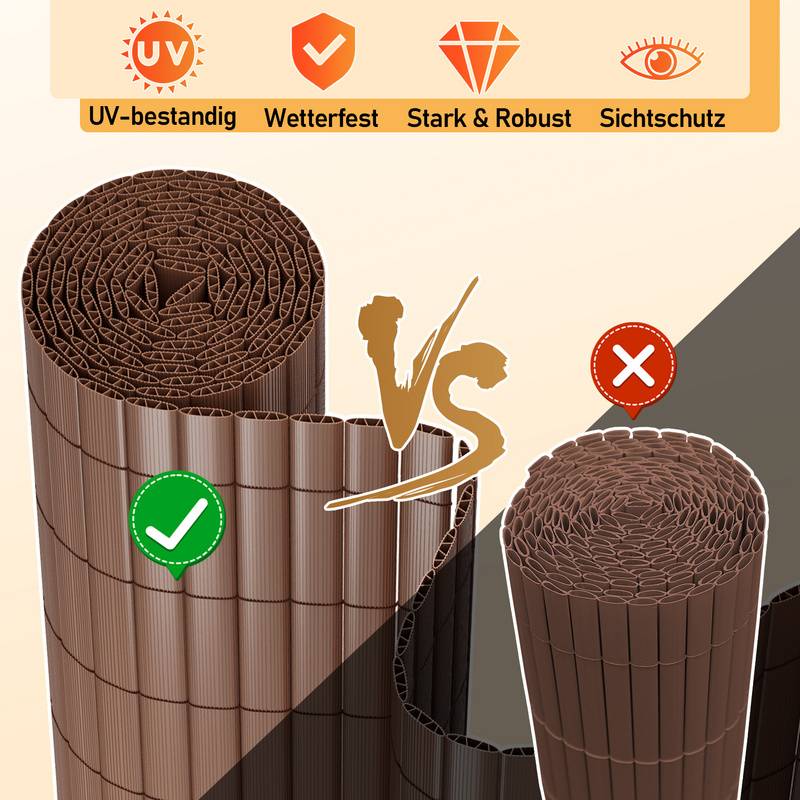 PVC Sichtschutzmatte Sichtschutzzaun Sichtschutz für Zaun Balkon braun 180x500cm Stabile W-Form