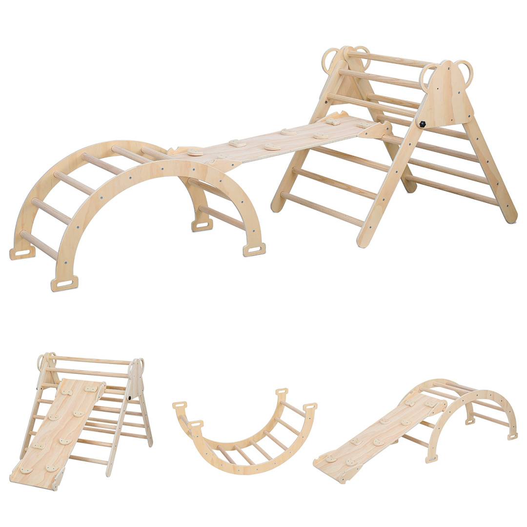 Holzindoor-Kletteranlage mit Brücke, Bogenrahmen, Leiter und Rutsche für Kinderspiel und motorische Entwicklung.