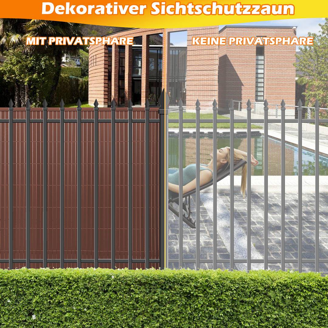 Vergleich des dekorativen Zauns: Die linke Seite blockiert die Sicht zum Schutz der Privatsphäre, die rechte Seite ermöglicht eine klare Sichtbarkeit in den Hof- und Poolbereich.
