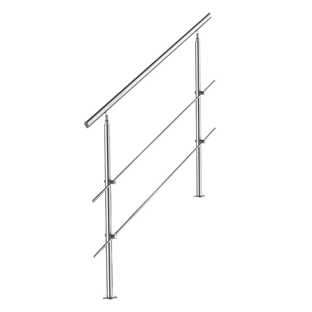 Metallgeländer mit zwei vertikalen Pfosten und drei diagonalen horizontalen Stangen, dargestellt als einfache Produktvisualisierung auf weißem Hintergrund.
