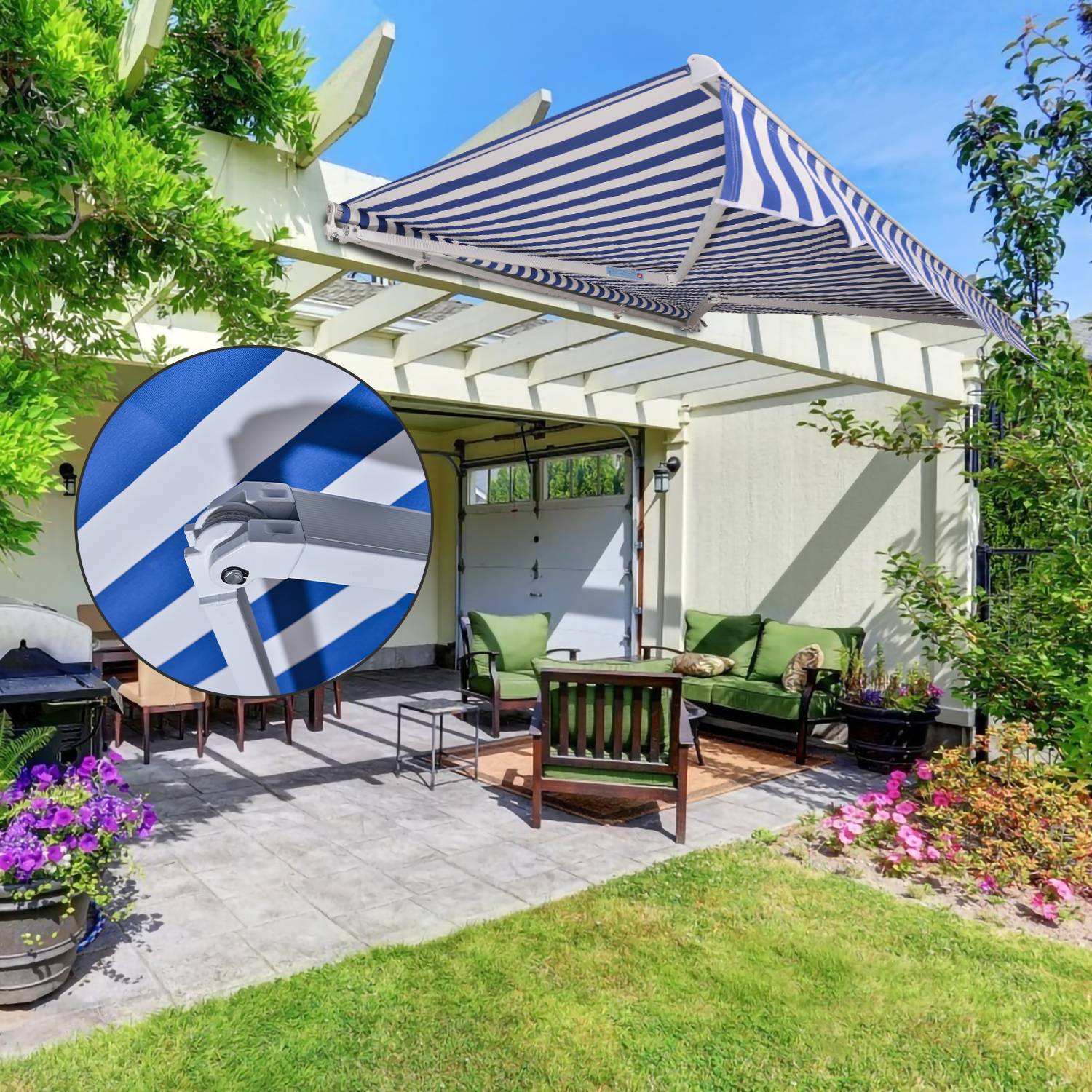 Gelenkarmmarkise 350x300cm einziehbare Markise Balkonmarkise Gelenkarm Sonnenschutz Blau Weiß