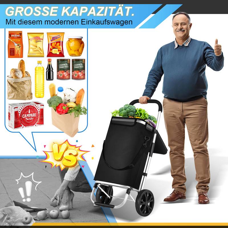 3in1 Einkaufstrolley Trolley 40 Liter bis 40 kg klappbar abnehmbare Tasche Aluminium Stabil Schwarz 2 Rollen