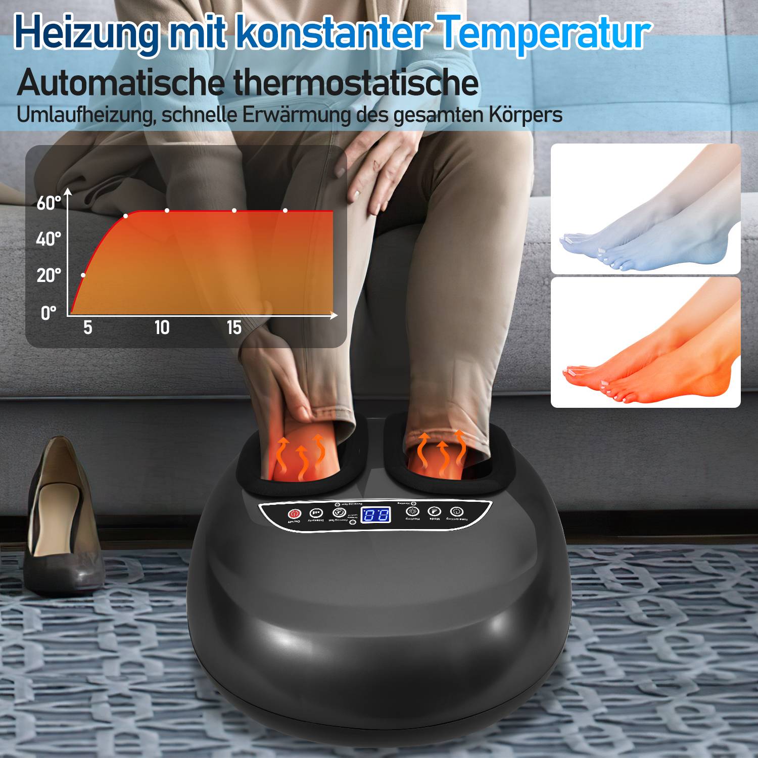 Fußmassagegerät mit Fernbedienung, Wadenmassagegeräte, Venen-Massagegerät, Beinmassagegerät, 3 Intensitätsstufen einstellbar, Kneten, Rollen, He