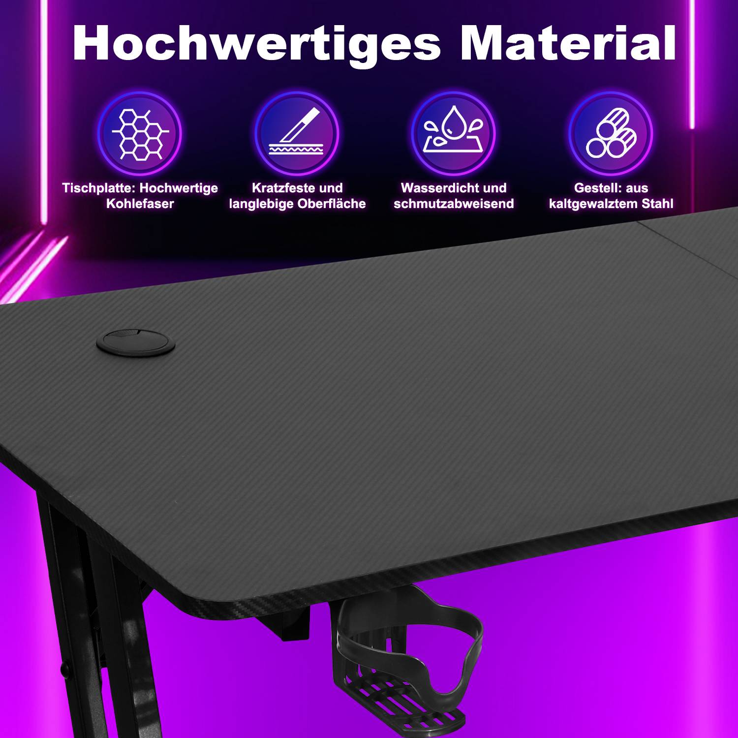Gaming Schreibtisch Carbon Tischplatte 140x60cm, met Getränkehalter Kopfhörerhalter Mauspad, Computertisch Gamer Tisch (ohne LED)