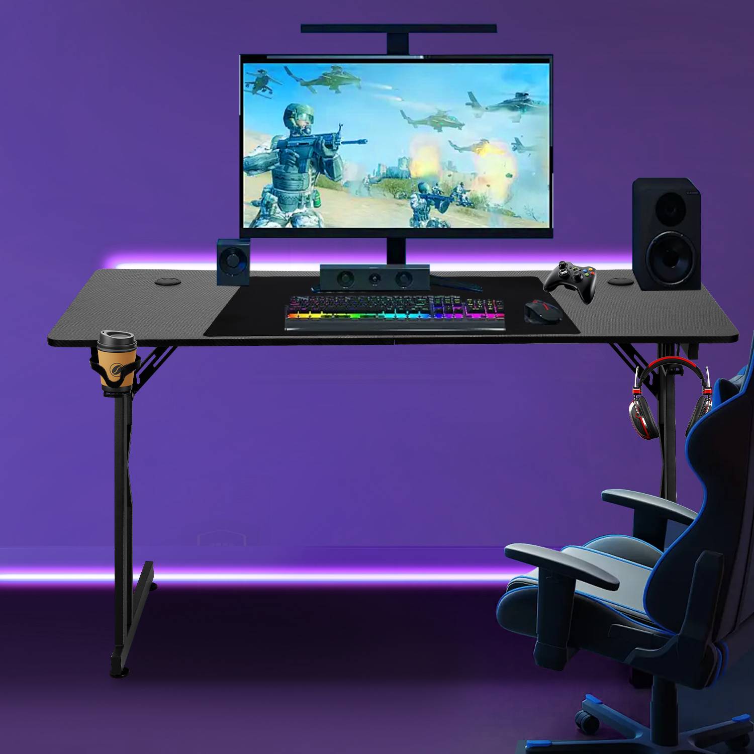 Z-förmiger Gaming Schreibtisch Computertisch Bürotisch Gamer Tisch met Getränkehalter Kopfhörerhalter Mauspad, ohne LED (120x60cm)