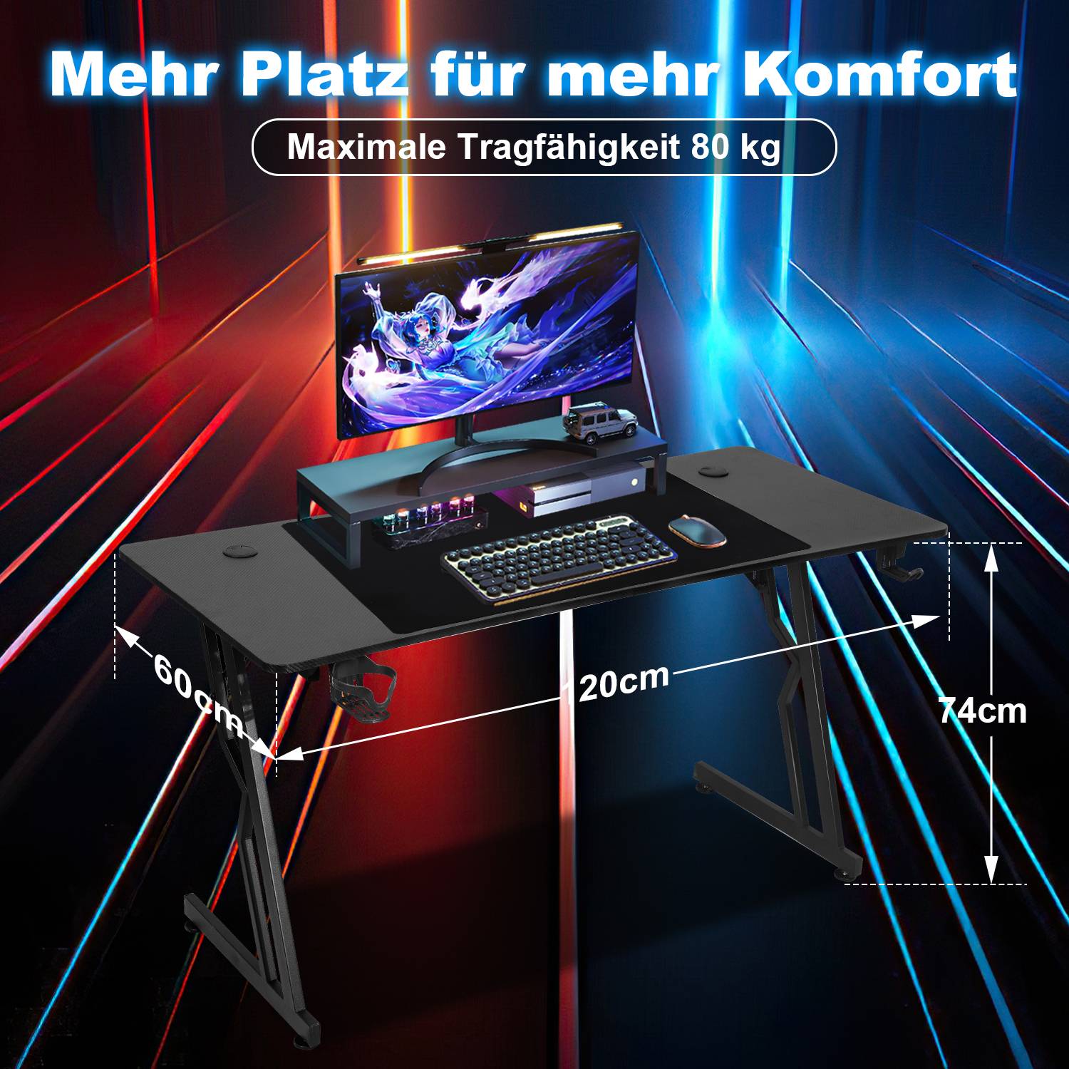Gaming Schreibtisch Carbon Tischplatte 120x60cm, met Getränkehalter Kopfhörerhalter Mauspad, Computertisch Gamer Tisch (ohne LED)