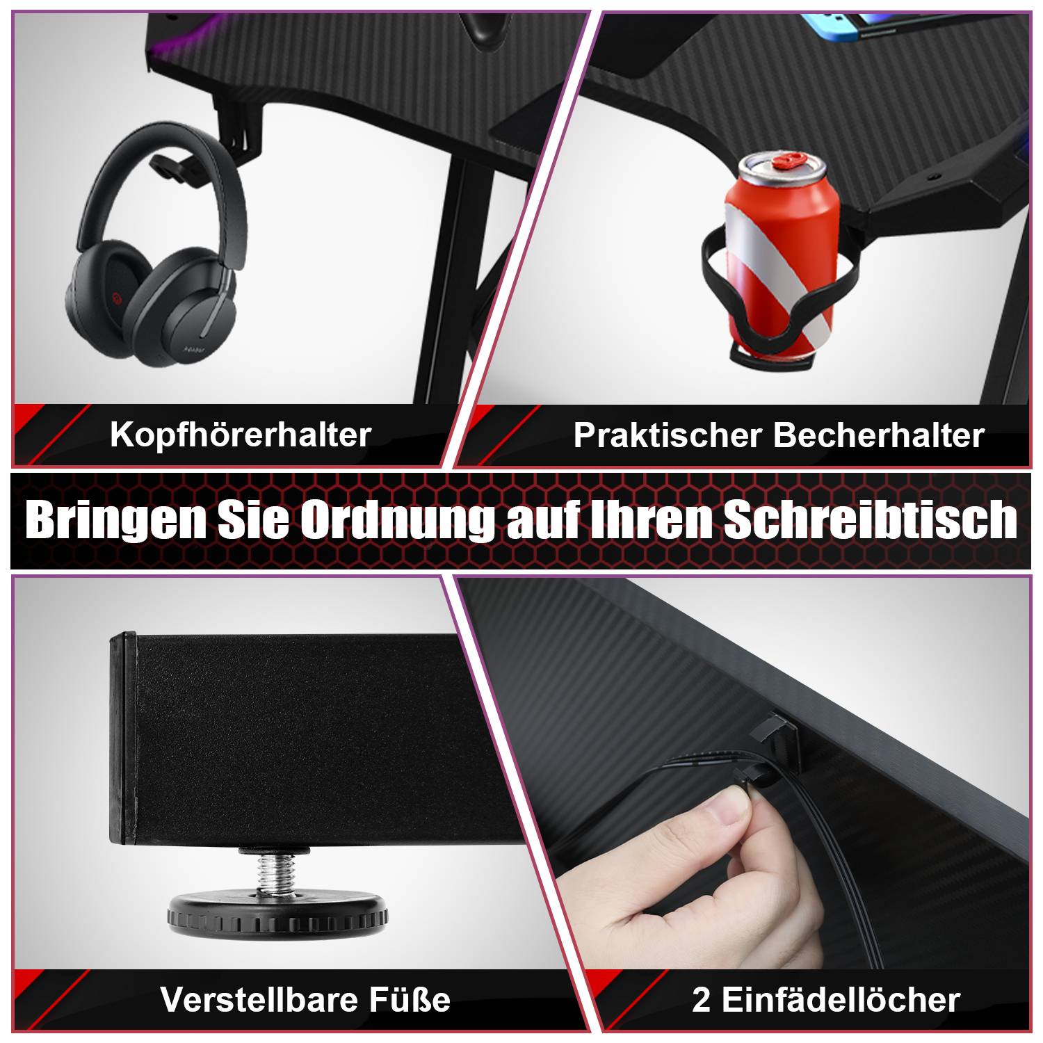 Gaming Schreibtisch Carbon Tischplatte 120x60cm, met Getränkehalter Kopfhörerhalter Mauspad, Computertisch Gamer Tisch (ohne LED)