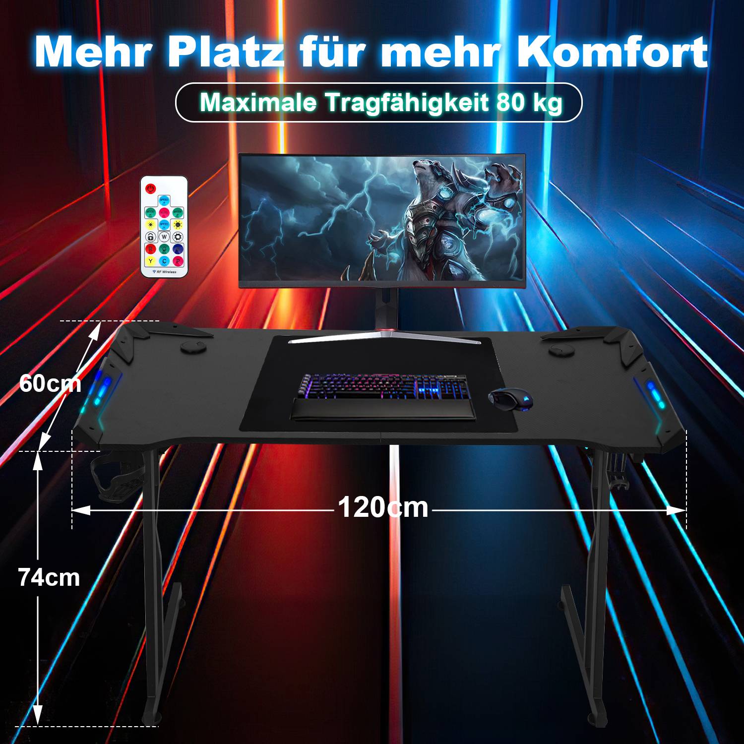 120 x 60cm Gaming Tisch mit Mauspad, LED, Gaming Schreibtisch, PC Tisch Gamer Tisch Computertisch mit Kopfhörerhaken schwarz