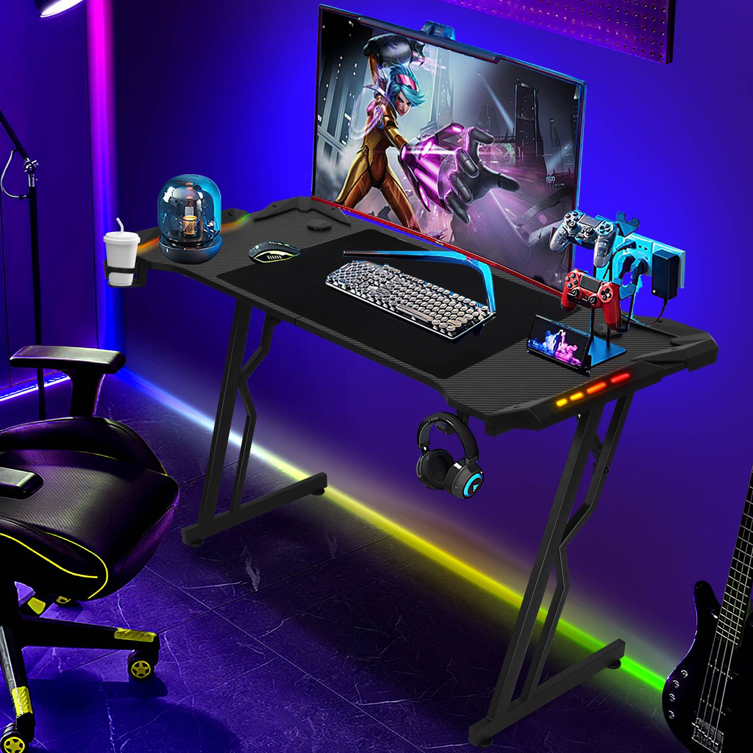 Gaming Schreibtisch Carbon Tischplatte 120x60cm, met Getränkehalter Kopfhörerhalter Mauspad, Computertisch Gamer Tisch (met LED und Fernbedienun)
